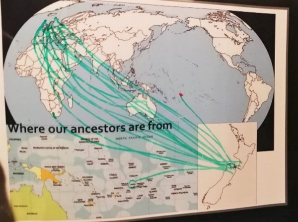 A map of the world with lines connecting to New Zealand showing where our ancestors came from